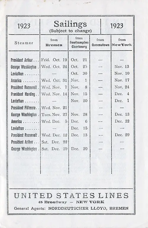 Sailing Schedule, Bremen-Southampton-Cherbourg-Queenstown (Cobh)-New York, from 19 October 1923 to 30 December 1923.