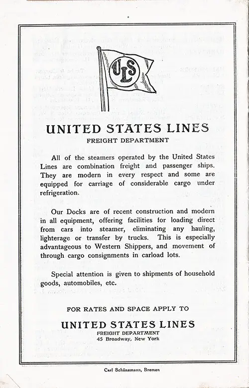 United States Line Freight Department Services, 1923.