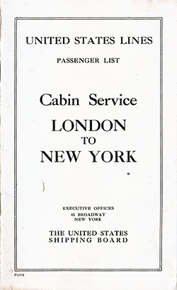 Front Cover, Cabin Passenger List for the SS President Garfield of the United States Lines, Departing 24 February 1923 from London to New York.