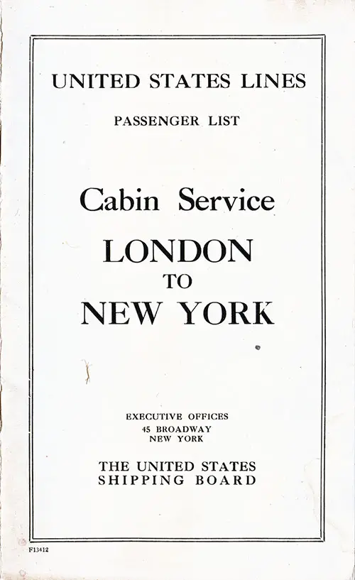 Front Cover, Cabin Passenger List for the SS President Garfield of the United States Lines, Departing 24 February 1923 from London to New York.