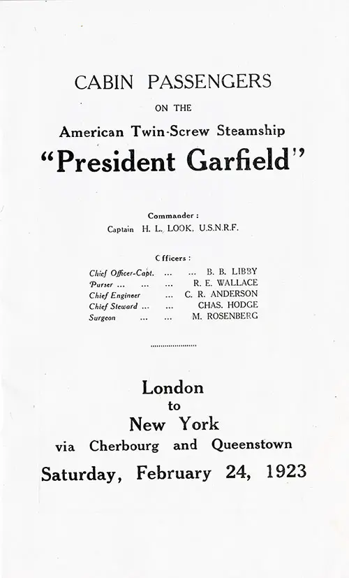 Title Page, SS President Garfield Cabin Passenger List, 24 February 1923.