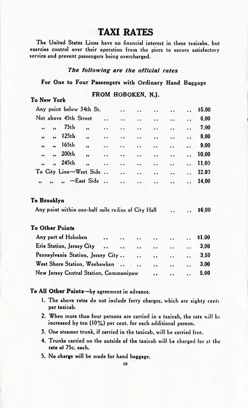 Official Taxi Rates from Hoboken, New Jersey to New York, Brooklyn, and Other Points.