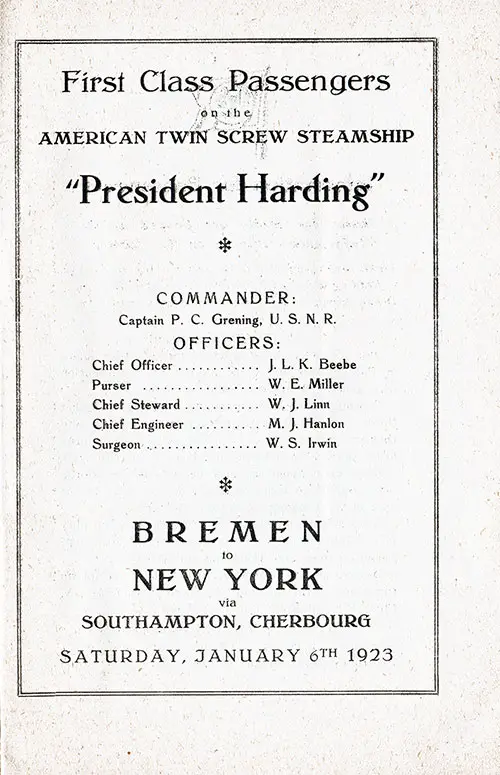Title Page, SS President Harding Passenger List, 6 January 1923.