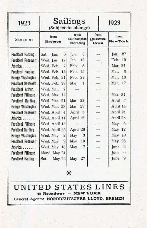 Sailing Schedule, Bremen-Southampton-Cherbourg-Queenstown (Cobh)-New York, from 6 January 1923 to 9 June 1923.