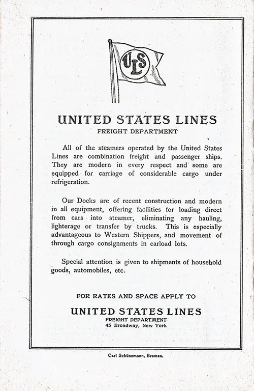 Advertisement, United States Lines Freight Department, 1923. SS President Harding Passenger List, 6 January 1923.