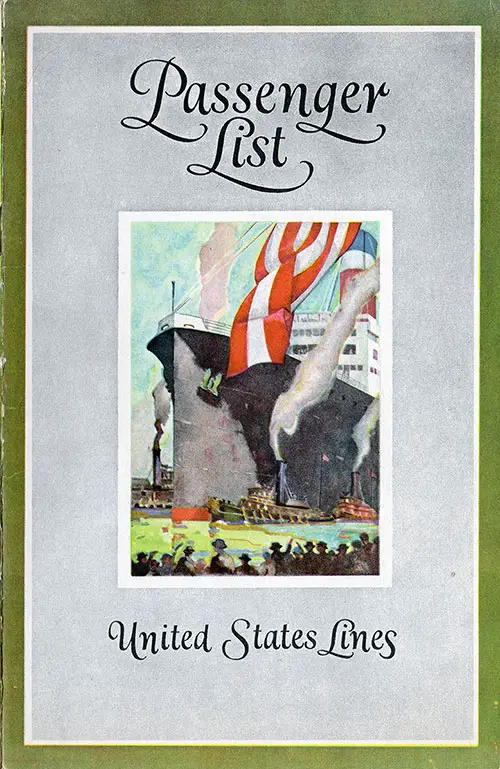 Front Cover, Cabin Passenger List for the SS President Harding of the United States Lines, Departing 28 July 1926 from New York for Bremen.