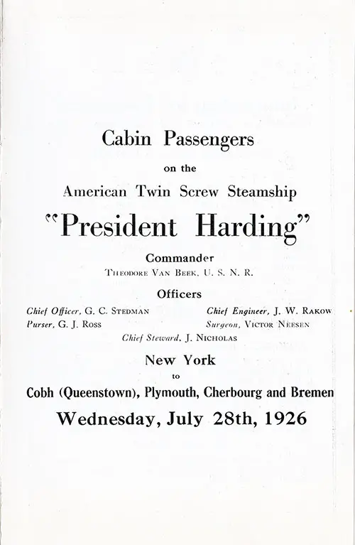 Title Page, SS President Harding Passenger List, 28 July 1926.
