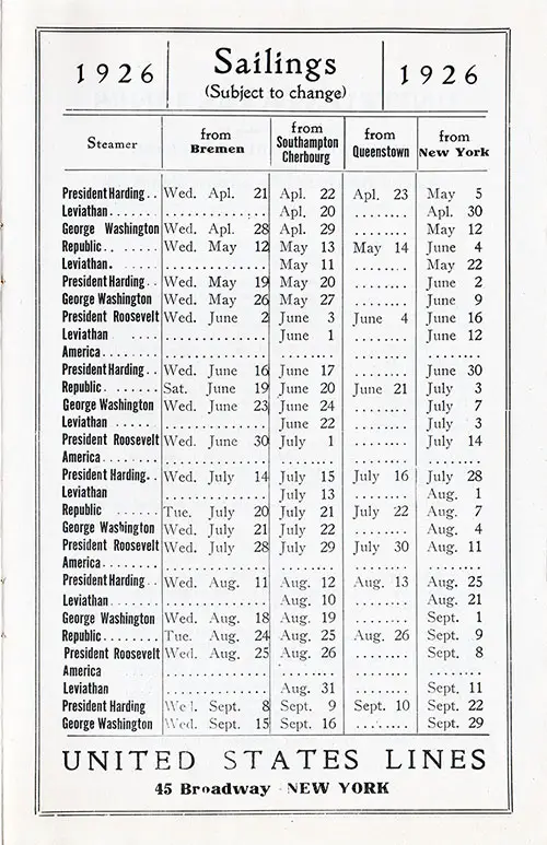 Sailing Schedule, Bremen-Southampton-Cherbourg-Queenstown (Cobh)-New York, from 21 April 1926 to 29 September 1926.