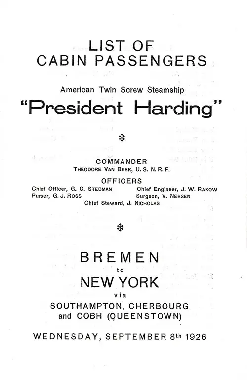 Title Page, SS President Harding Passenger List, 8 September 1926.