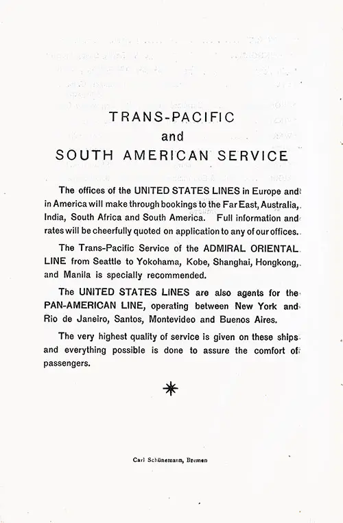 Trans-Pacific and South America Service, United States Lines, 1926.