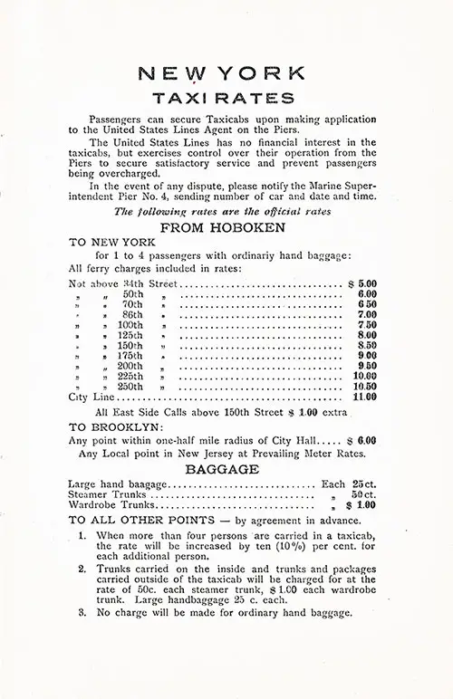 New York Taxi Rates from Hoboken to New York, Brooklyn, and to All Other Points, 1926.