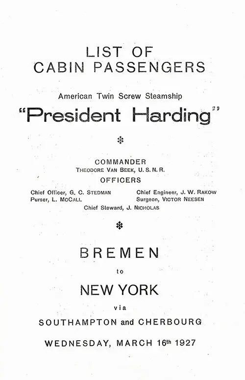 Title Page, SS President Harding Passenger List, 16 March 1927.