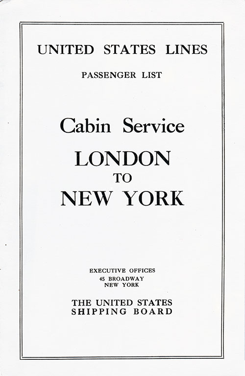 Cabin Passenger List for the SS President Monroe of the United States Lines, Departing 2 August 1922 from London to New York.