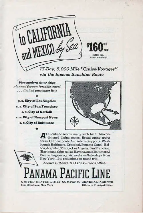 Advertisement, To California and Mexico by Sea. 17-Day, 5,000 Mile Cruise Voyages via the Famous Sunshine Route on the Steamships of the Panama Pacific Line.