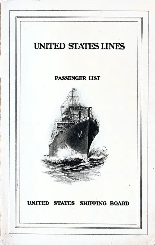 Front Cover, Cabin Passenger List for the SS President Van Buren of the United States Lines, Departing 18 July 1923 from New York to London.