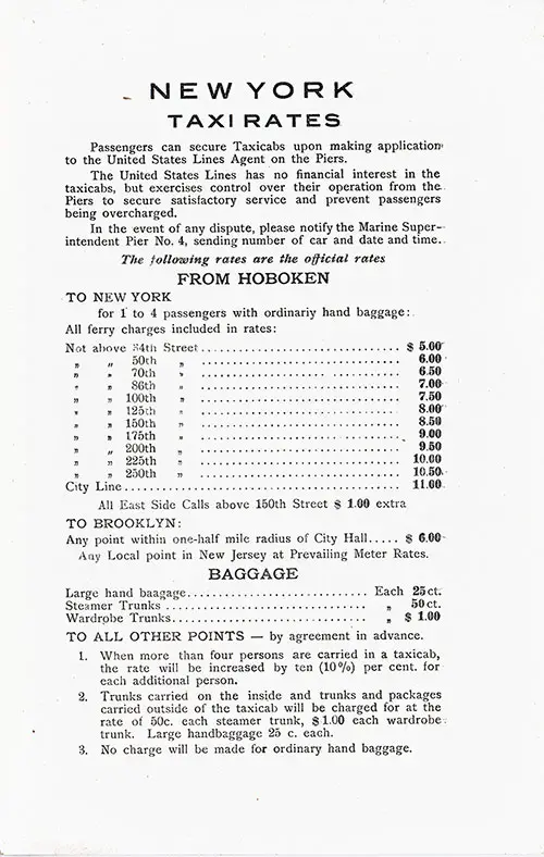New York Taxi Rates, 1926.