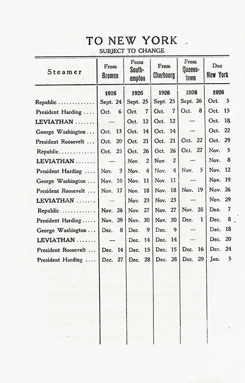 Sailing Schedule, USL Steamers to New York, from 24 September 1926 to 5 January 1927.