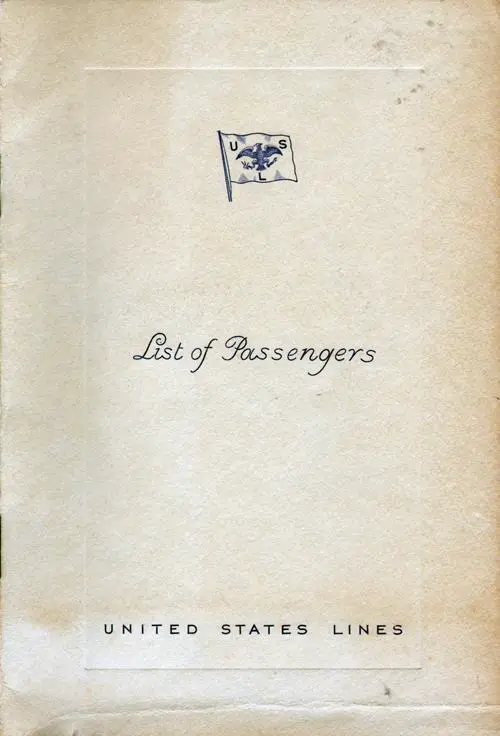 Front Cover, Cabin Passenger List for the SS Washington of the United States Lines, Departing 23 May 1934 from Hamburg to New York.