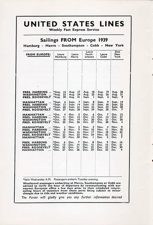 Sailing Schedule, Hamburg-Le Havre-Southampton-Cobh-New York, from 16 August 1939 to 4 January 1940.