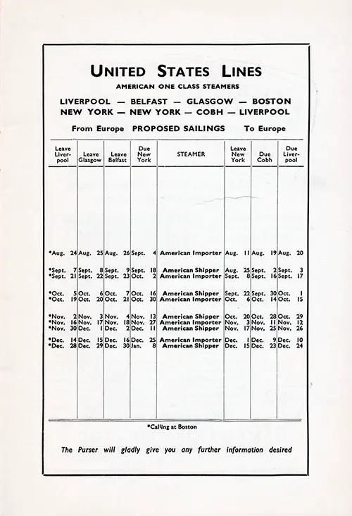 Sailing Schedule, Liverpool-Belfast-Glasgow-Boston and New York-Cobh-Liverpool, from 24 August 1939 to 8 January 1940.