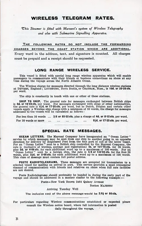Wireless Telegram Rates, Long-Range Wireless Service, and Special Rate Message, 1925.