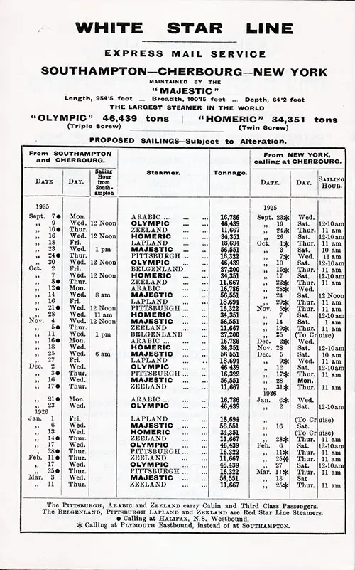 White Star Line Express Mail Service Proposed Sailings, 7 September 1925 - 25 March 1926.