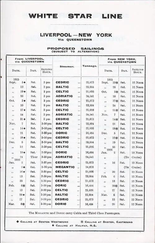 White Star Line, Liverpool -- New York via Queenstown (Cobh) Proposed Sailings from 5 September 1945 to 20 March 1925.