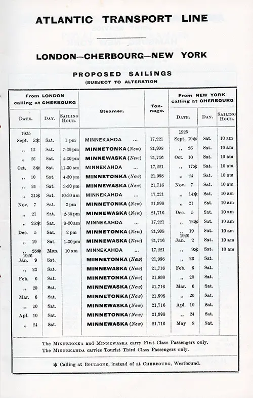 Atlantic Transport Line London-Cherbourg-New York Proposed Sailings from 5 September 1925 to 8 May 1926.