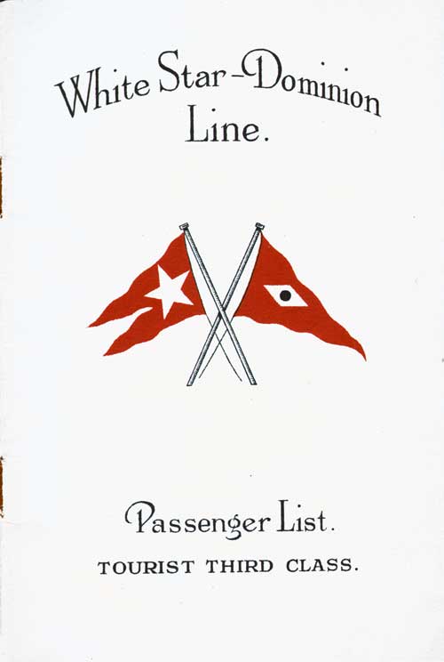 Front Cover, Third Class Passenger List for the SS Doric of the White Star-Dominion Line, Departing 30 July 1925 from Liverpool to Québec.