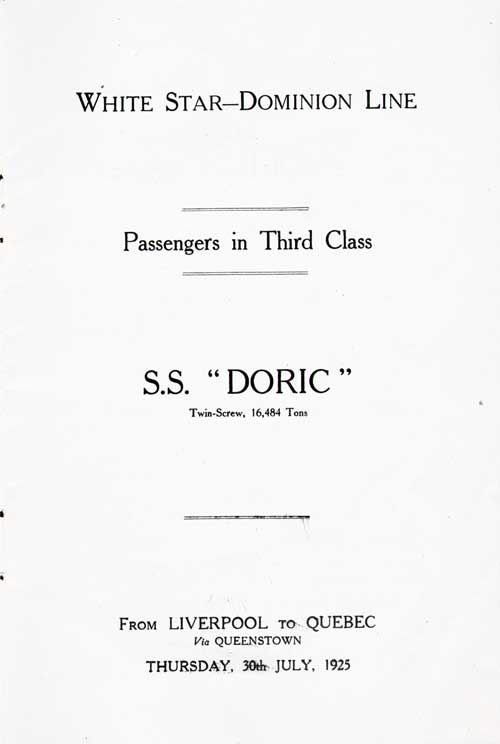 Title Page, SS Doric Third Class Passenger List, 30 July 1925.