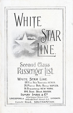 Passenger Manifest, White Star Line, SS Arabic, 1909, Liverpool to New York
