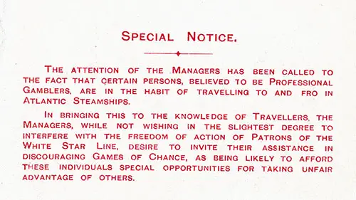 Special Notice Provided to Passengers of the RMS Arabic in 1909 Regarding the Presence of Professional Gamblers on Transatlantic Steamships.