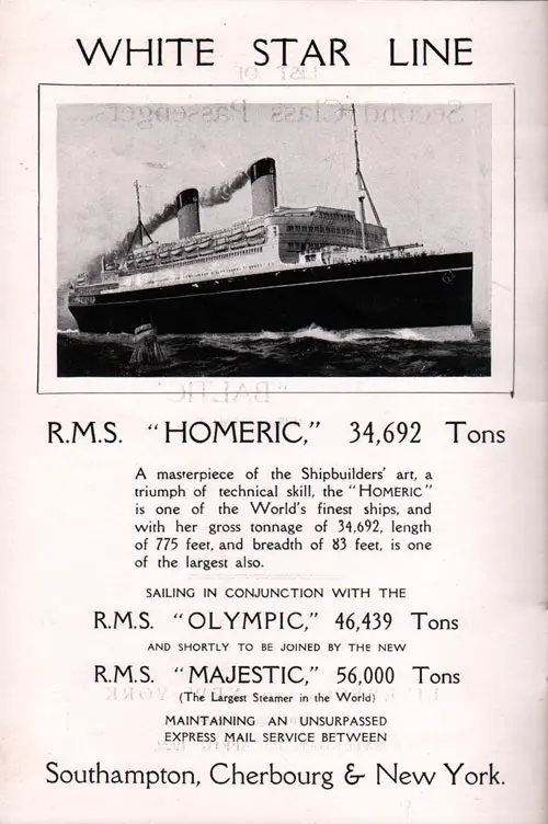 White Star Line RMS Homeric, 34,962 Tons
