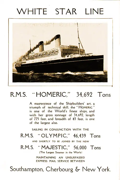 White Star Line RMS Homeric, 34,962 Tons