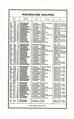 Westbound Sailings of the White Star Line from 6 October 1934 to 2 February 1935.