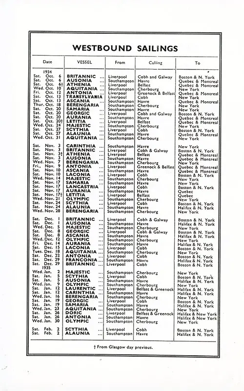 Westbound Sailings of the White Star Line from 6 October 1934 to 2 February 1935.