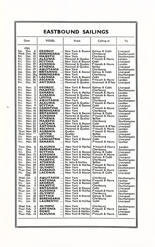 Eastbound Sailings of the White Star Line from 6 October 1934 to 14 February 1935.