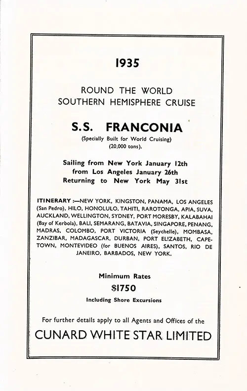 1935 Around the World Southern Hemisphere Cruise on the SS Franconia.