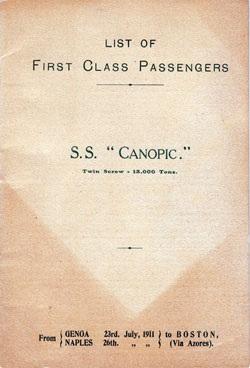 Passenger Manifest, SS Canopic, White Star Line, July 1911, Genoa to Boston 