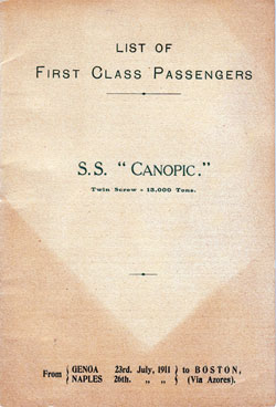 Passenger Manifest, SS Canopic, White Star Line, July 1911, Genoa to Boston