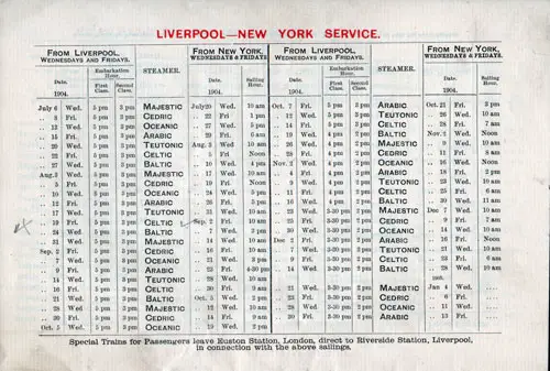 Sailing Schedule, Liverpool-New York Service, from 6 July 1904 to 13 January 1905.