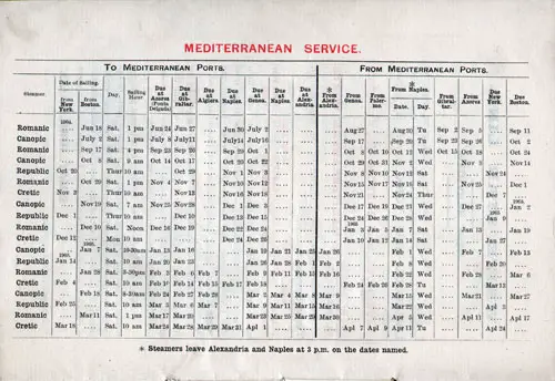 Sailing Schedule, Mediterranean Service, from 18 June 1904 to 24 April 1905.