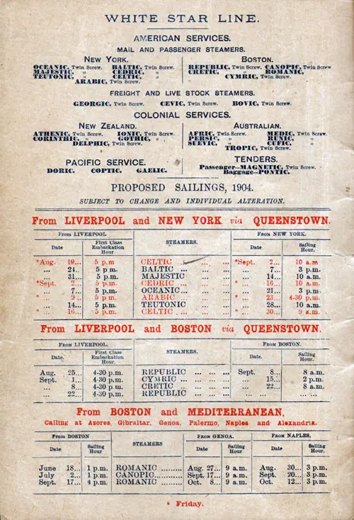 Sailing Schedule, Liverpool-Queenstown (Cobh)-New York, Liverpool-Queenstown (Cobh)-Boston, and Boston-Mediterranean Service, from 18 June 1904 to 8 October 1904.