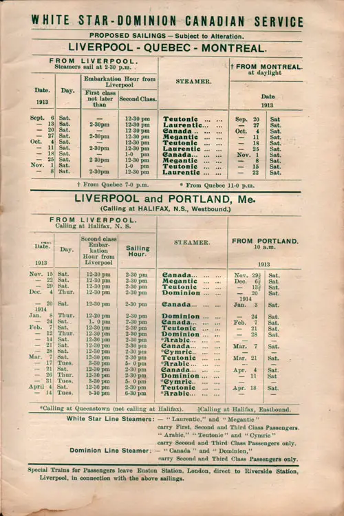 Sailing Schedule, Liverpool-Quebec-Montreal and Liverpool-Portland, ME, from 6 September 1913 to 18 April 1914.