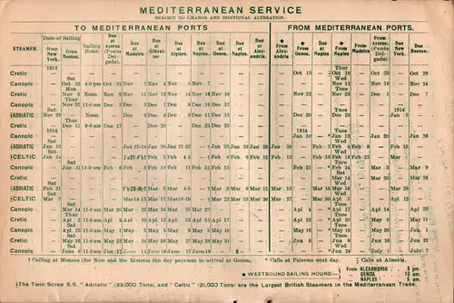 Sailing Schedule, White Star Line Mediterranean Service, from 13 October 1913 to 7 July 1914.