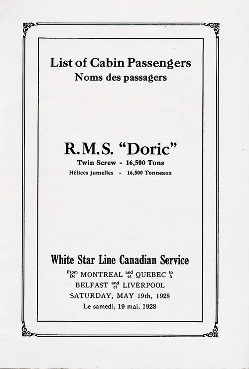Title Page, SS Doric Cabin Passenger List, 19 May 1928.