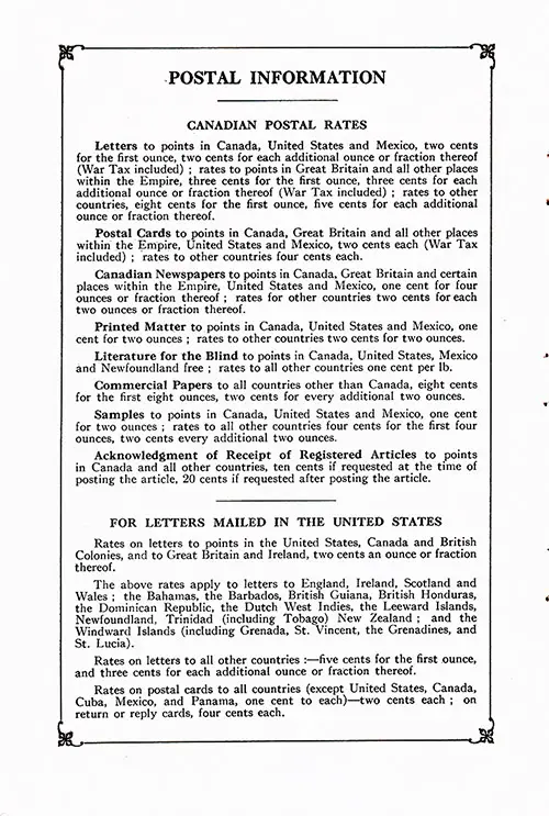 Canadian Postal Information, Canadian Postal Rates, and Rates for Letters Mailed in the United States.