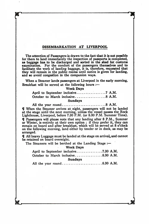 Instructions for Disembarkation at Liverpool.