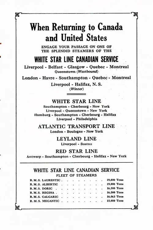 White Star Line Canadian Service, Westbound and Winter Ports of Call.