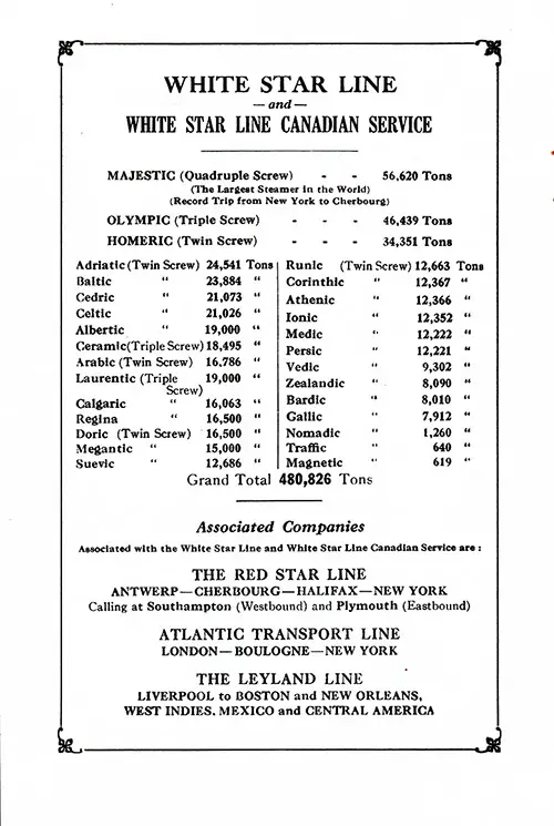 White Star Line and White Star Line Canadian Service Fleet List and Associated Companies.